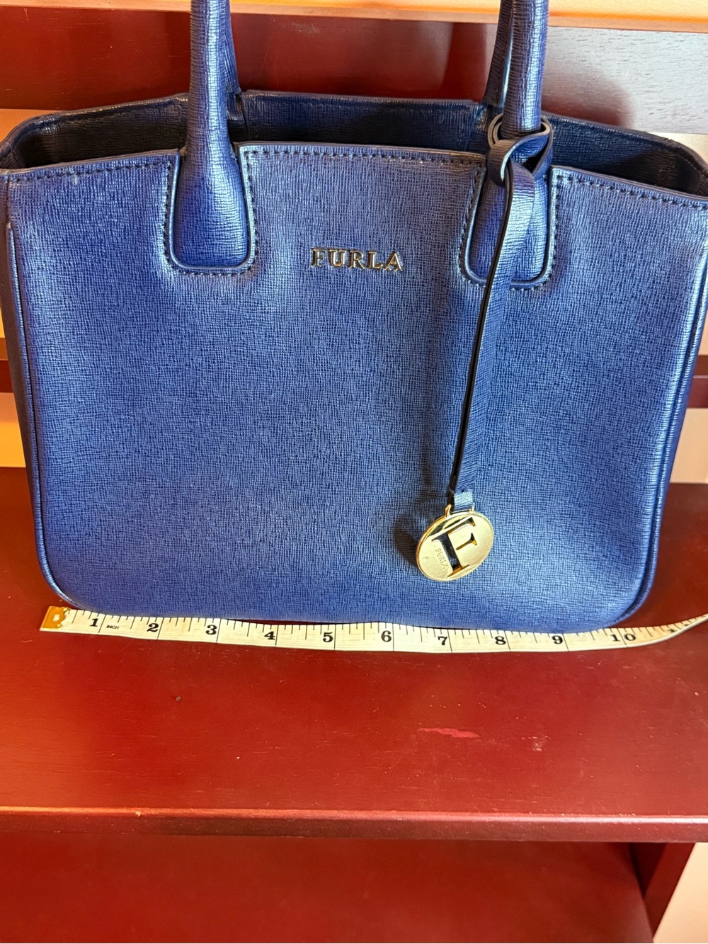 Furla Navy Saffiano Leather Tote with Gold Charm - Picture 11 of 12
